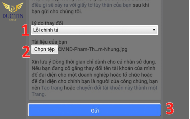 Tải hình ảnh giấy tờ lên và bấm gửi để gửi yêu cầu đổi tên 